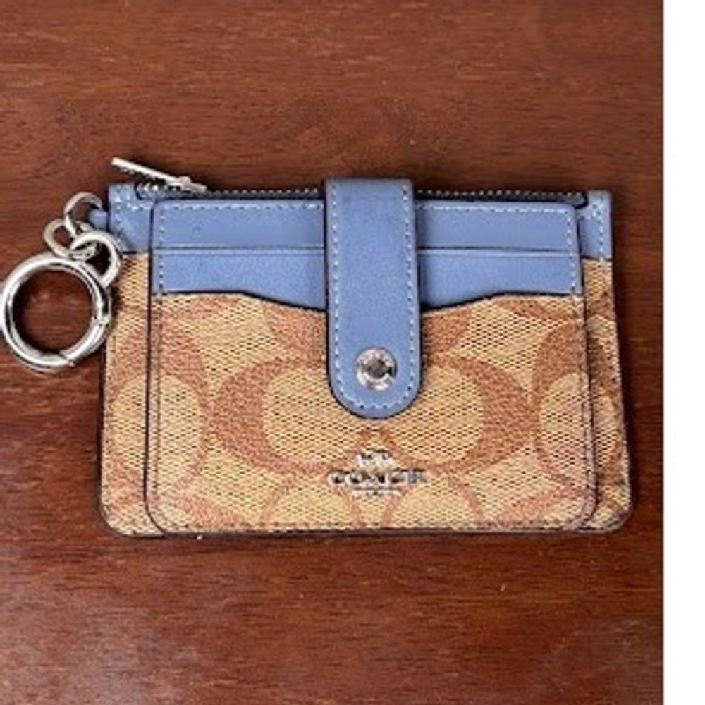 Coach Signature Canvas Card Case Wallet Khaki Blue Zip ID Lanyard Key Ring